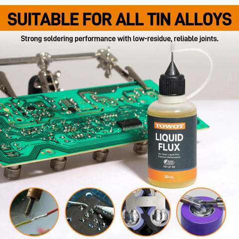 Liquid Solder Flux For Electronics No Clean 30ml Pro Grade Rosin Flux bottle next to PCB circuit for soldering.