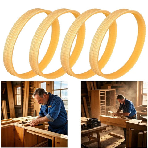 Four Pack Heavy Duty Six Rib Planer Drive Belt With Non Slip Grip and Rock Solid Build for woodworking tools in a workshop.