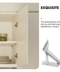 Beefy Heavy Duty Folding Sofa Bed Hinges Set, 2 Pieces, silver cabinet corner lifting brackets, next to open cabinet with hinge