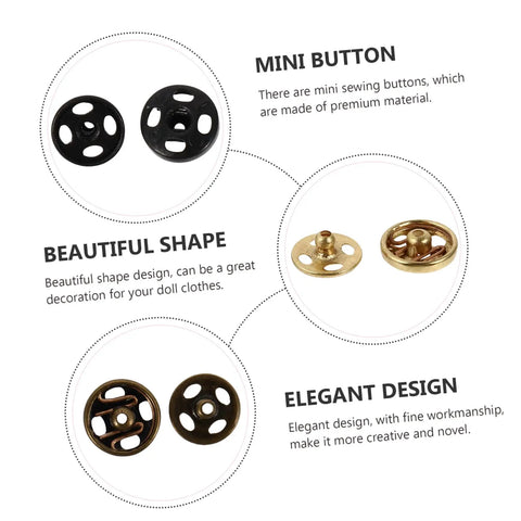 40 Pieces Miniature Metal Snap Fasteners For Doll Clothes And Craft Projects Decorative Buttons For Sewing And DIY Doll Accessories Safe And Easy Snap Closures, featuring round metal designs in black and gold with detailed text annotations on quality and design.