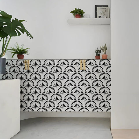 Black Geometric Peel And Stick Wallpaper For Bedroom Accent Walls And Drawer Liner Removable Self Adhesive Vinyl Contact Paper applied to a cabinet.