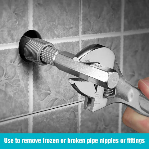 Internal Pipe And Nipple Extractor Set Three Piece Kit being used to remove a pipe nipple from a tiled wall, showcasing wrench action.