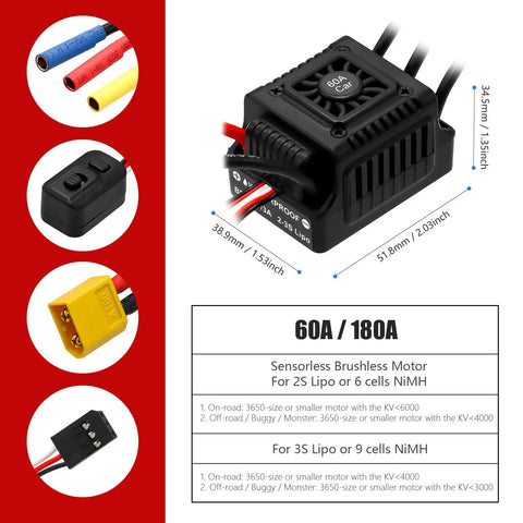 Waterproof S3650 4300KV Brushless Motor With 3.175mm Shaft 60A ESC black with details on connectors and dimensions.