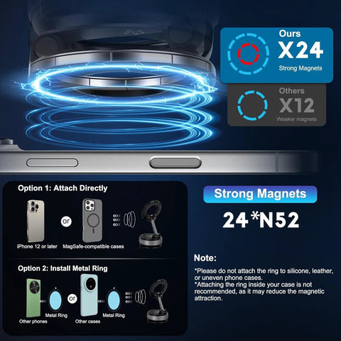 Front view of Amazon magnetic car phone mount with vacuum suction cup and 360° rotation; compatible with iPhone and Android