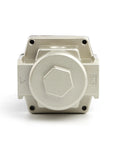 SNS air compressor pressure regulator block with square aluminum housing and round adjustment cap (front view)