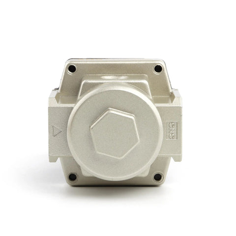 SNS air compressor pressure regulator block with square aluminum housing and round adjustment cap (front view)