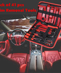 41 Piece Auto Trim Removal Tool Kit for Car Interior Panels with nylon and stainless steel tools in a zipper bag displayed in car.