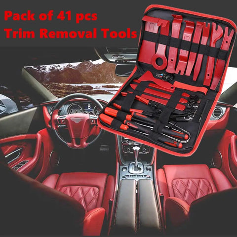 41 Piece Auto Trim Removal Tool Kit for Car Interior Panels with nylon and stainless steel tools in a zipper bag displayed in car.