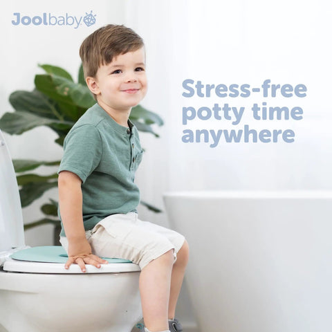 No Sweat Folding Travel Potty Training Seat For Little Ones With Super Simple Pull Tab And Compact Foldaway Design Seriously Rock Solid For Highway Rest Stops Museum Bathrooms And Weekend Getaways In Aqua, child sitting on potty.