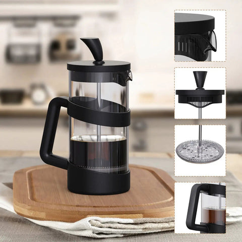 Compact 12 Oz Mini French Press Coffee Maker For Camping And Travel with black finish, shown in kitchen setting