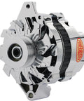 Powermaster chrome GM TPI 100A alternator, angled front view