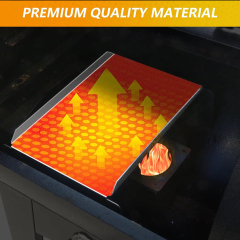 Stainless Steel Heat Baffle Diffuser Replacement Part For Traeger Pro 22 And 34 Series shown inside a grill with heat arrows