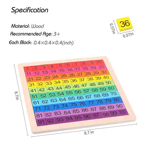 Rock Solid Wooden Montessori Math Counting Board Puzzle For Toddlers, 8.7-inch colorful number grid 1 to 100.