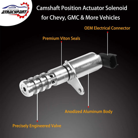 Camshaft Position Actuator Solenoid Replacement For Chevy Trailblazer, Colorado, GMC Envoy, anodized aluminum body, close-up view.