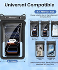 Illustration showing IPX8 Waterproof Phone Pouch Dual Pack 8.3 Inch Case With Lanyard Fits multiple smartphone models.