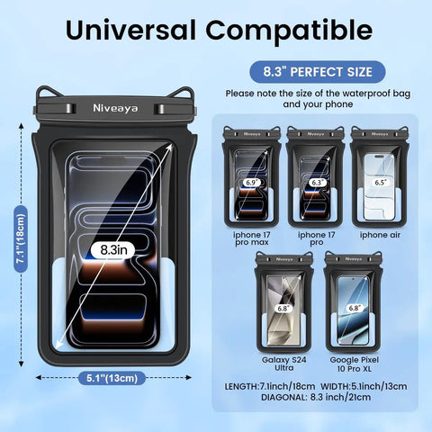 Illustration showing IPX8 Waterproof Phone Pouch Dual Pack 8.3 Inch Case With Lanyard Fits multiple smartphone models.