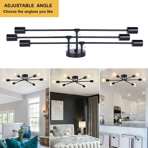 Dope Six Light Sputnik Black Chandelier Semi Flush Mount Ceiling Light with E26 Base LED Compatible in living and dining rooms.