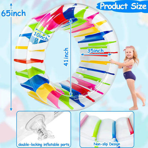 65 Inch Giant Inflatable Wheel Roller Pool Toy for Kids Ages 6 and Up, colorful design, size dimensions shown