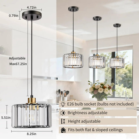 Total Glow Up Modern Crystal Pendant Lights For Kitchen Island In Sleek Black And Gold Height Adjustable Hanging Chandelier For Dining Room Decor with three glass shades.