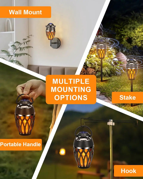 2 Pack Outdoor Bluetooth Speakers With LED Flame Flickers, IP5X Waterproof Lantern Speakers for Patio Yard shown in various setups