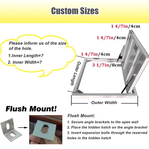 Heavy Duty Hidden Floor Access Panel Hatch Camouflaged Cellar Door dimensions diagram showing customizable sizing options and flush mount details.