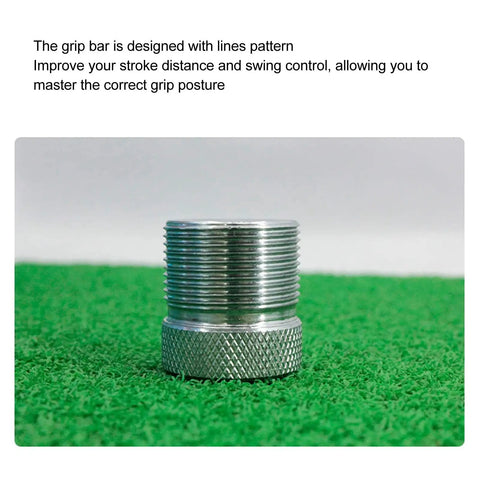 Steel Chromic Plated Golf Swing Trainer Stick grip component on green turf for right hand golfers with rubber grip feature.