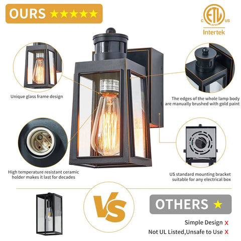 GFCI Porch Light With Dusk To Dawn Motion Sensor Breezy Rustproof Outdoor Lighting Fixture Three Lighting Modes For Front Door Patio Garage Exterior Lights 2 Pack, highlighting design features and comparison with alternatives.