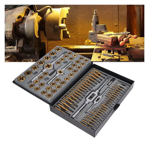 Premium Titanium Plated Tap And Die Threading Tool Kit For Heavy Duty Metal Work Includes Integrated Taps With Dies For Damaged Thread Repair And Custom Multi Scene Operations Perfect For Manual Offline Shop Projects That Need Precision And Durability. tap and die set in case