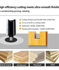 Diagram showcasing Pro Grade Six Piece Straight Router Bit Set With One Quarter Inch Shank Carbide Tipped Two Flute Bits for cutting various wood materials.