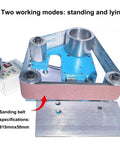 Electric Belt Sander 750W Polish Grinder With Adjustable Speed And Forward Reverse Rotation For Wood And Metal Tasks, showing two working modes.