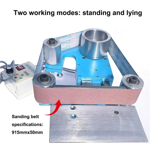 Electric Belt Sander 750W Polish Grinder With Adjustable Speed And Forward Reverse Rotation For Wood And Metal Tasks, showing two working modes.