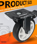 Built Like A Tank 5 Inch Heavy Duty Polyurethane Caster Wheels With Reliable Brakes Silent Double Ball Bearing Smooth Swivel Casters Roll Sweet Top Shelf Set Of Four For Heavy Loads Work Carts product size diagram with dimensions.