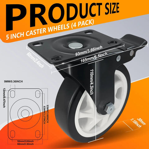 Built Like A Tank 5 Inch Heavy Duty Polyurethane Caster Wheels With Reliable Brakes Silent Double Ball Bearing Smooth Swivel Casters Roll Sweet Top Shelf Set Of Four For Heavy Loads Work Carts product size diagram with dimensions.