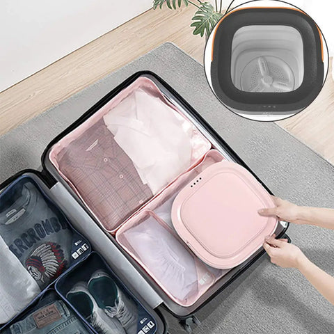 Portable Foldable Washing Machine Mini Washer shown in a suitcase with clothes, ideal for travel and compact laundry solutions.