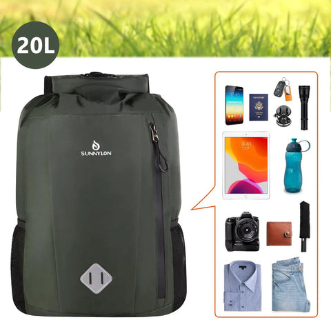20L Waterproof Dry Bag Backpack With Roll Top Closure, shown with items like phone case, camera, and clothes inside.