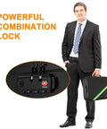 Man holding fireproof document safe box with 5200 degree Fahrenheit heat insulation, lock close-up shown.