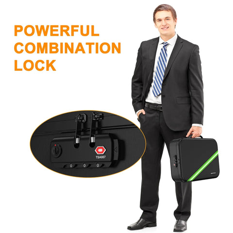 Man holding fireproof document safe box with 5200 degree Fahrenheit heat insulation, lock close-up shown.