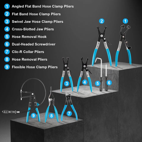 Nine-piece automotive hose clamp pliers set with blue handles and swivel jaws for fuel, oil, and coolant hoses