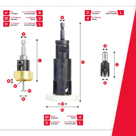 Pro Grade Carbide Tipped Countersink Drill Bit Set With Plug Cutter And Planer Pack AMS 306 3 Piece dimensions and specifications.