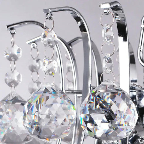 Close-up of K9 crystals on Lit Six Light Chrome Crystal Pendant Chandelier Flush Mount Ceiling Light For Dining Room Modern Style