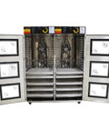 Professional Grade Built Unlike Any Other Commercial Food Dehydrator Featuring Dual Separate Drying Rooms And Sixty Bulletproof Stainless Trays For Pet Food And Herbs, open doors showing stainless trays.