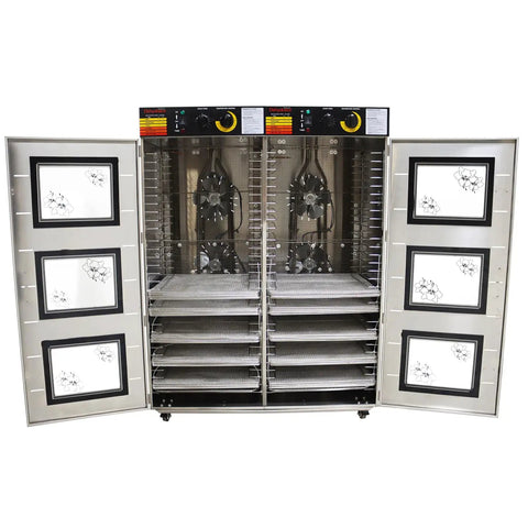 Professional Grade Built Unlike Any Other Commercial Food Dehydrator Featuring Dual Separate Drying Rooms And Sixty Bulletproof Stainless Trays For Pet Food And Herbs, open doors showing stainless trays.
