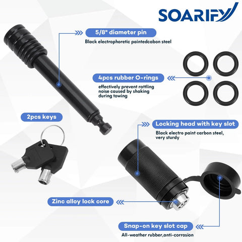 Heavy Duty Trailer Hitch Lock Pin For 2 Inch Receiver Tubes Fits Class III And IV Hitch Receivers Anti Theft Locking Receiver Pin With Five Eighth Inch Diameter And Three Point Five Inch Effective Length Keeps Your Gear Locked Tight with components and features shown