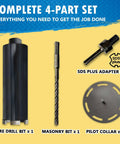 Seven Eighths Inch Dry And Wet Multipurpose Core Bit For Masonry Concrete And Natural Stone With SDS Plus Adapter And Pilot Collar Six Inch Drilling Depth Five Eighths Inch Eleven TPI Arbor showing the complete 4-part set including core drill bit, masonry bit, SDS plus adapter, and pilot collar.