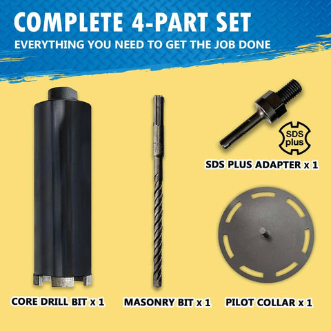 Seven Eighths Inch Dry And Wet Multipurpose Core Bit For Masonry Concrete And Natural Stone With SDS Plus Adapter And Pilot Collar Six Inch Drilling Depth Five Eighths Inch Eleven TPI Arbor showing the complete 4-part set including core drill bit, masonry bit, SDS plus adapter, and pilot collar.