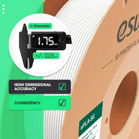Close-up of 1.75mm 3D printer filament spool, highlighting dimensional accuracy with diameter gauge, labeled "ePLA-SE."