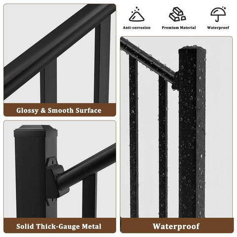 Modular Black Stainless Steel Stair Railing Kit 36 Inches High By 2 Feet Long With Snap Fit Design showing glossy surface and waterproof features.