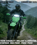 Rider in dark gear on dirt bike with 7/8 Inch Dirt Bike Light Bar Headlight For CRF110 CRF250F KLX110 TTR110 TTR110E RM85 YZF450