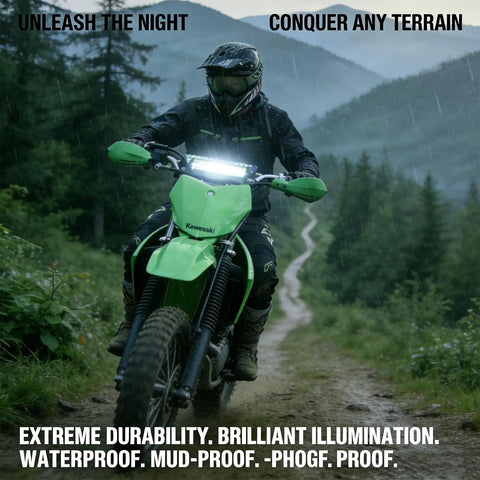 Rider in dark gear on dirt bike with 7/8 Inch Dirt Bike Light Bar Headlight For CRF110 CRF250F KLX110 TTR110 TTR110E RM85 YZF450