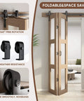 Bifold Glass Barn Door Kit 36 Inch With Hardware Included, showing folding position, brown wood with frosted glass.